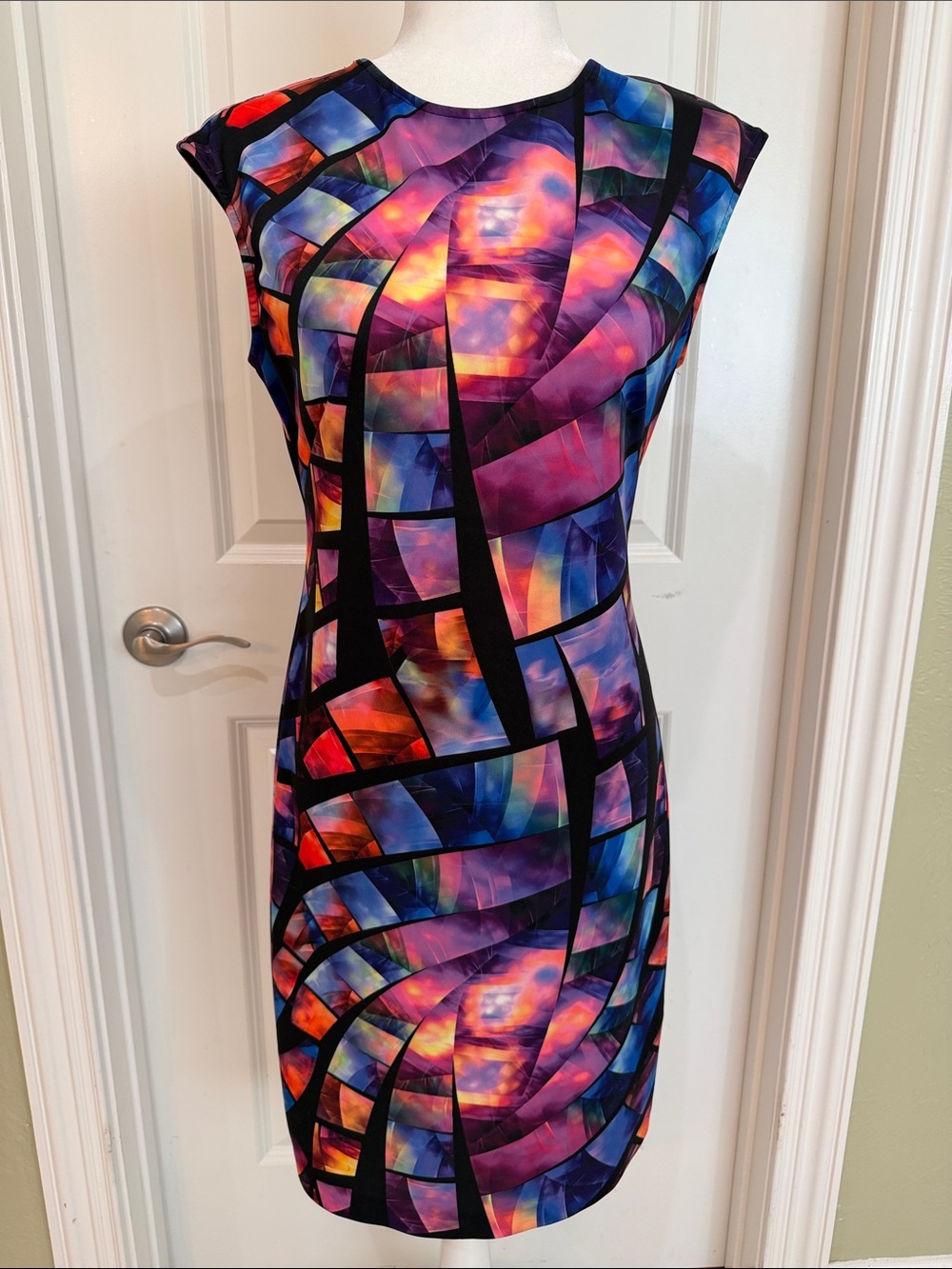 Joseph Ribkoff Black Multicolor Abstract Mosaic Shift Dress Office Professional